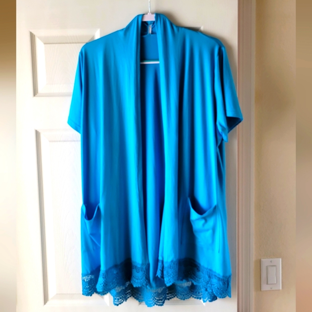 Plus Size Silky Fancy Hem Cardigan - Aqua. • 2x